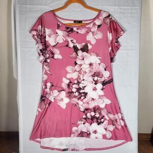 Lily by Firmiana Large Pink Rose Floral Tunic Blouse Flowy Short Sleeve Chic
